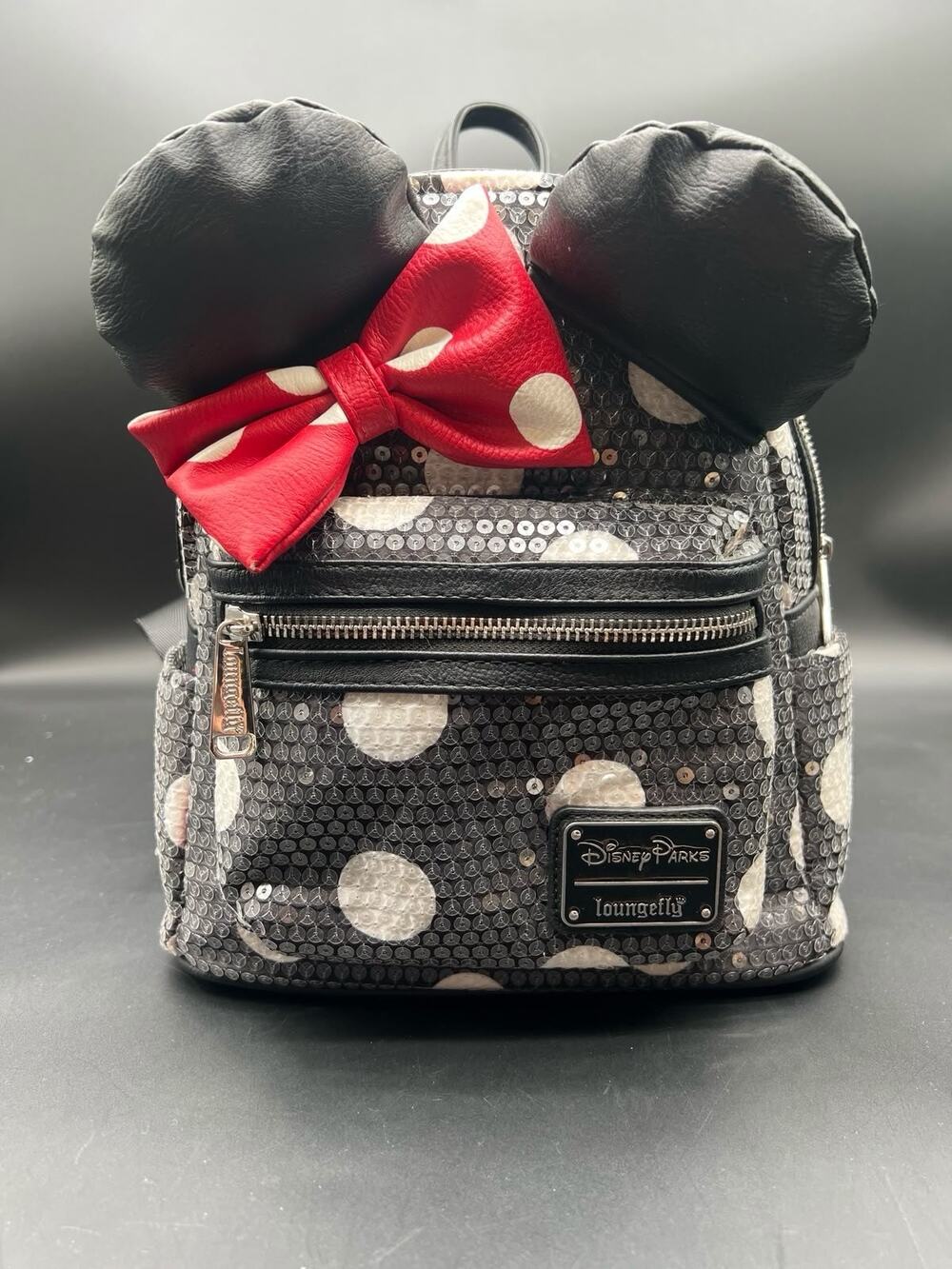 Loungefly Disney Parks Minnie Mouse Sequined Black Polka-Dot Backpack Mouse Ears